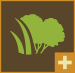 icon of grass and a tree, green with brown background, with an orange plus sign